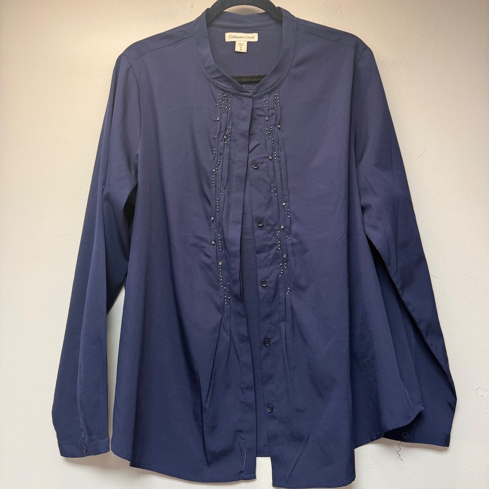 Coldwater Creek Blouse Womens 1X 18 Navy‎ Blue Excellent Beaded Pintuck 4021002